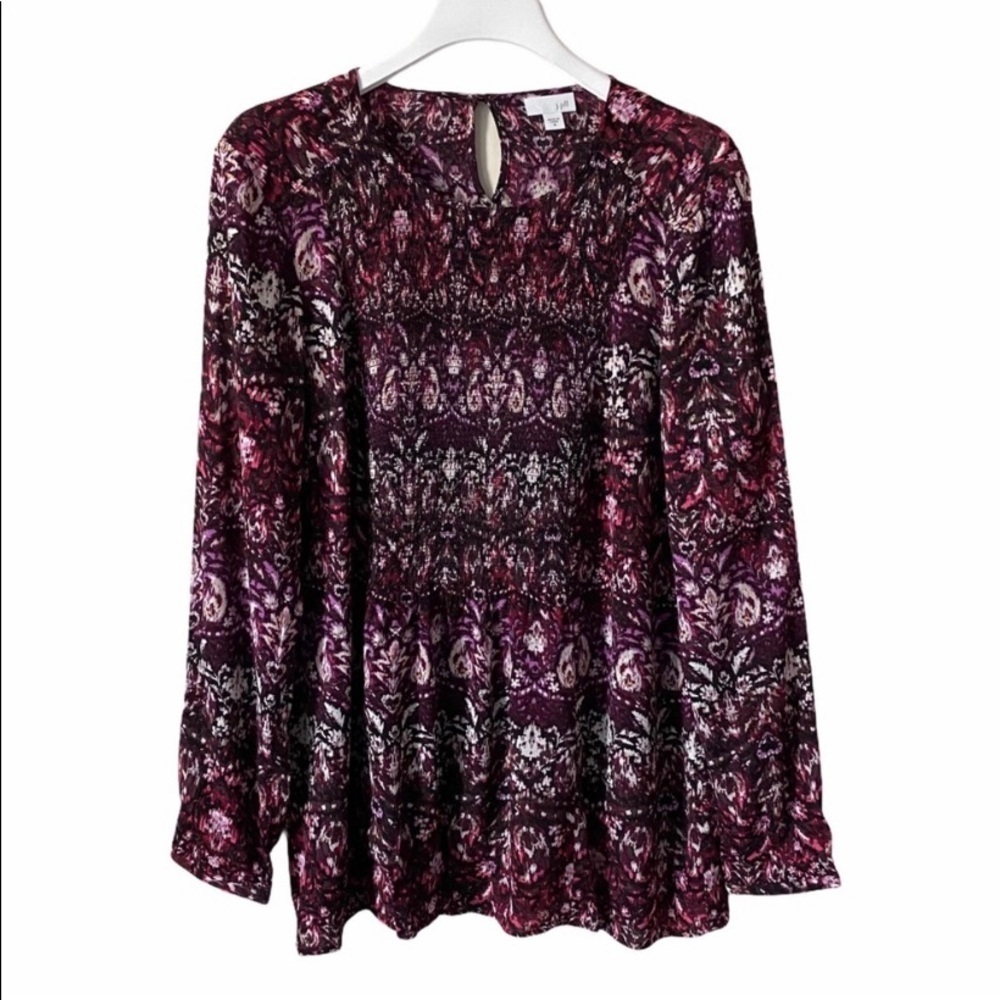 J Jill Floral Blouse Long Sleeves Round Neck Size M
